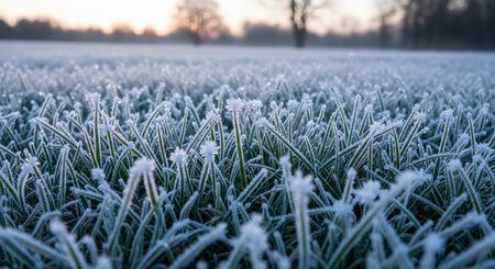 a close up view of frost covered grass in a field during the early morning hours of winter season