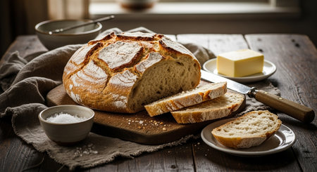 a rustic loaf of bread sits on a wooden table with butter, salt, and a knife in warm lighting