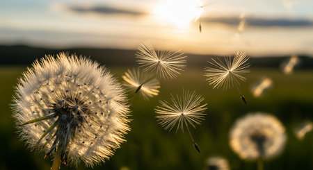 Close up of dandelions in a field with seeds blowing in the wind during a golden sunset hourの写真素材