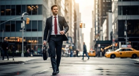 a businessman in a suit walks across a new york city street holding a briefcase in his hand.の写真素材