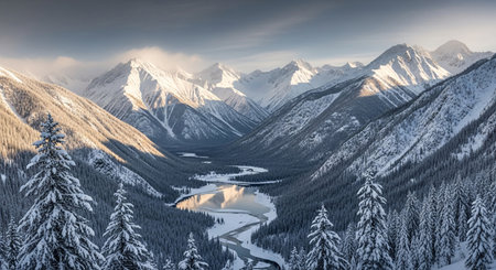 a breathtaking aerial view of snow covered mountains and valley with a frozen river winding belowの写真素材