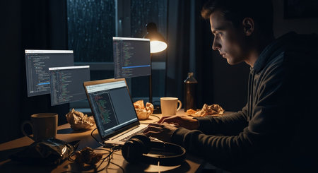 a man coding on a laptop with multiple screens, crumpled paper, and a mug on his desk in a dimly lit...