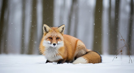a fox sits in the snow with trees in the background during a snowfall, looking directly at the viewerの写真素材