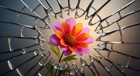 A vibrant flower is seen through shattered glass creating a beautiful contrast of fragility and strength.の写真素材