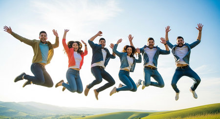 six friends are jumping in the air with smiles on their faces against a blue sky and green landscapeの写真素材