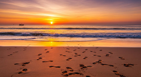 Beautiful sunset on the beach and footprints in the sand, Thailandの写真素材