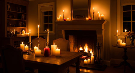 a warm and inviting room with candles and a fireplace creating a cozy and relaxing atmosphere inside homeの写真素材