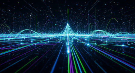 a vibrant abstract network visualization with glowing lines and particles on a dark background art...