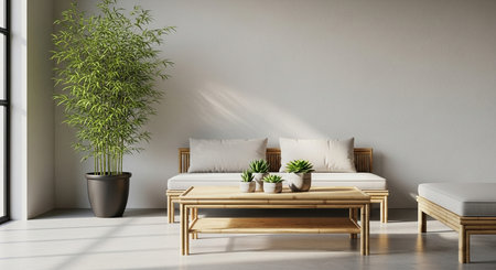 a bright minimalist interior featuring bamboo furniture, potted plants, and a large window for natural lightの写真素材