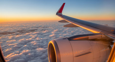 aerial view of the airplane wing and engine flying above the clouds during a vibrant sunset in the...