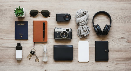 a flat lay of travel items including passport, cameras, and accessories on a wooden surface top viewの写真素材