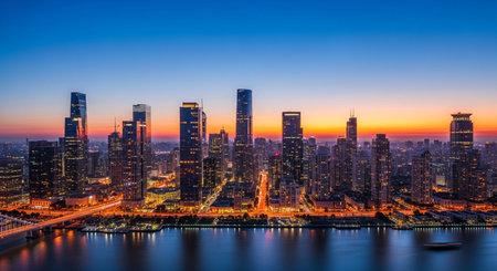 A beautiful cityscape at night with modern buildings and a colorful sunset reflecting on the water below.の写真素材