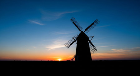a silhouette of a windmill at sunset with a colorful gradient sky and a dark field in the foregroundの写真素材