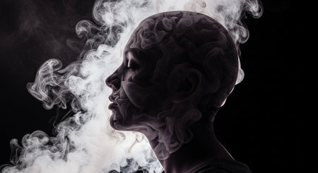 a silhouetted head engulfed in white smoke, set against a stark black backdrop in a profile...