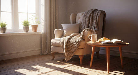 A cozy reading nook with a book, croissant and coffee on a side table next to an armchair in a...