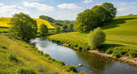 a beautiful landscape with a flowing river, green fields, and a bridge under a bright blue sky with cloudsの写真素材