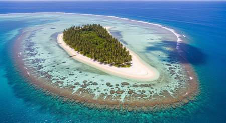 a beautiful aerial shot showcases a tropical island surrounded by a vibrant coral reef and turquoise...