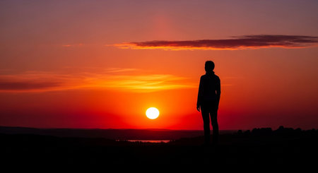 a silhouette of a person stands against a vibrant sunset, with orange and red hues painting the sky.の写真素材