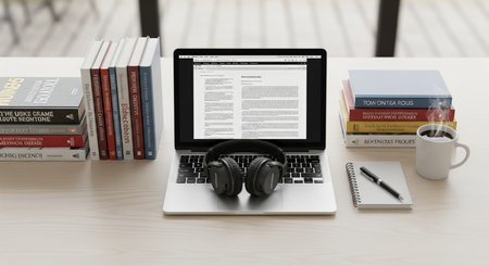 a laptop on a desk surrounded by books headphones coffee and a notepad ready for work or studyの写真素材