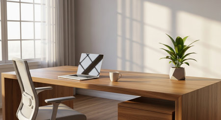 a bright and airy home office setup with a wooden desk, laptop, plant, and a comfortable white office chairの写真素材