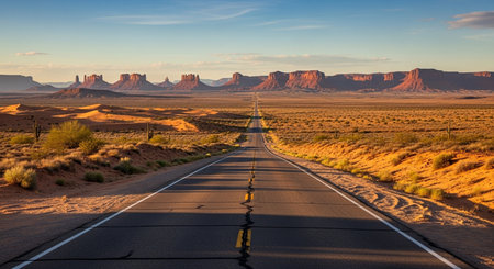 a scenic view of a long road stretching through the desert towards mesas under a clear sky at sunsetの写真素材