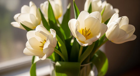 a beautiful bouquet of white tulips in a vase, bathed in soft daylight near a window, serene and...