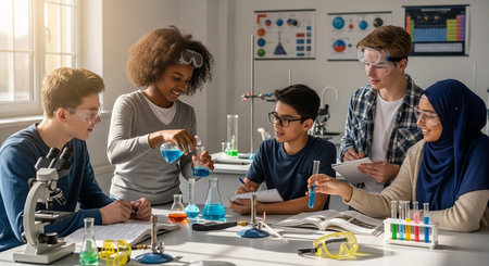 Group of multiethnic students studying chemistry together in the classroom at schoolの写真素材