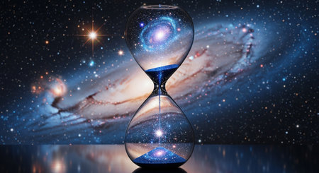 a cosmic hourglass stands against a beautiful nebula. time and space are one in this surreal image.の写真素材