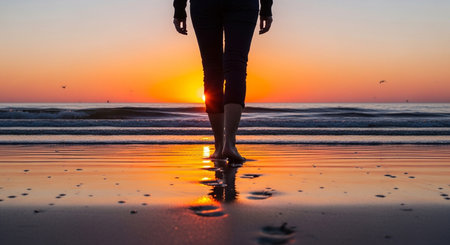 A person walks barefoot on the beach at sunset, leaving footprints in the wet sand. The sky is orange.の写真素材