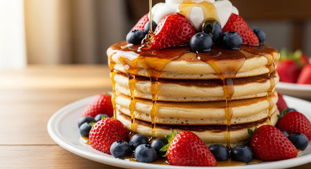 a delicious stack of pancakes topped with fresh berries and syrup, served on a white plate for...