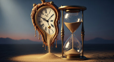 a surreal image of a melting clock next to an hourglass, symbolizing the passage and fluidity of...