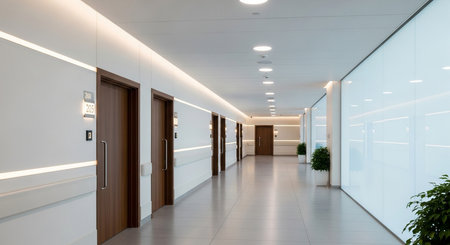 a bright hospital hallway with wooden doors, white walls, and potted plants lining the corridor...