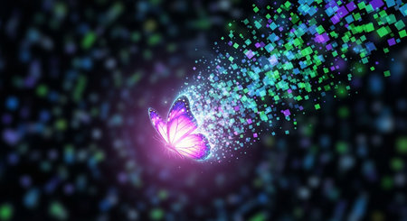 A vibrant butterfly with pixelated wings shines against a dark bokeh background, creating a magical effect.の写真素材