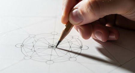 a hand draws a geometric figure with a pencil on white paper, creating a detailed and precise designの写真素材