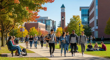 A vibrant college campus scene with students walking, relaxing, and enjoying the autumn weather and...