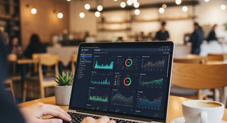 a person working on a laptop displaying analytics charts at a cafe with a cup of coffee nearby.