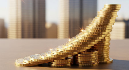 a close up of gold coins stacked in a staircase formation, symbolizing wealth and financial growth.の写真素材