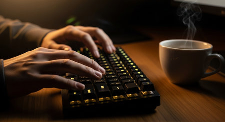 hands type on a backlit keyboard next to a steaming cup of coffee on a wooden desk in a dimly lit...