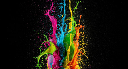 A vibrant explosion of colorful paints against a stark black backdrop, creating a dynamic abstract design.の写真素材