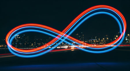 A long exposure captures red and blue light trails forming an infinity symbol over a blurred cityscape at night.の写真素材