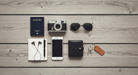 A flat lay featuring travel essentials like a passport, camera, and sunglasses on a wooden surface.の写真素材
