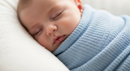 a close up of a newborn baby sleeping peacefully wrapped in a blue blanket on a soft white pillowの写真素材