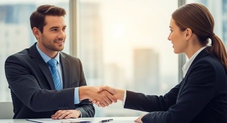 a man and woman in suits shake hands in a bright office, symbolizing a successful business agreement.の写真素材