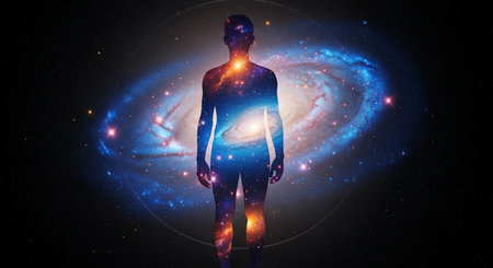 a silhouette of a person filled with a galaxy, set against a dark and vast space background scene.の写真素材