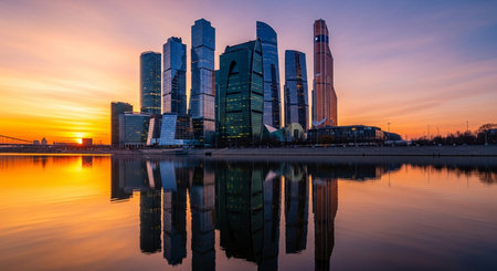 a cityscape at sunset with modern buildings reflecting in the water creating a beautiful urban sceneryの写真素材