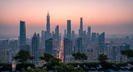 A stunning cityscape view at dusk from a rooftop terrace, showcasing skyscrapers and vibrant city lights.の写真素材