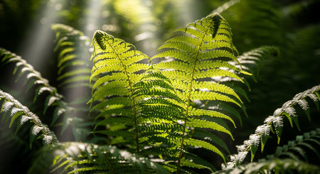 a close up shot of vibrant green ferns with sunlight streaming through the forest canopy above them