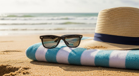 beach scene with a hat, sunglasses, and towel placed on the sand near the ocean on a sunny dayの写真素材