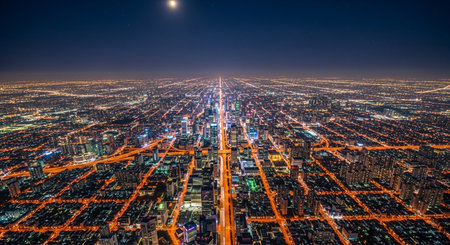 a high angle shot of a sprawling city illuminated at night under a dark sky with a bright moonの写真素材