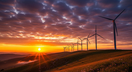 a row of wind turbines on a grassy hill at sunset with a colorful cloudy sky and bright sun flareの写真素材